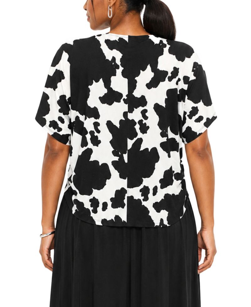 Plus Size Cow Print Batwing Short-Sleeve Side-Ruched Boat Neck Top