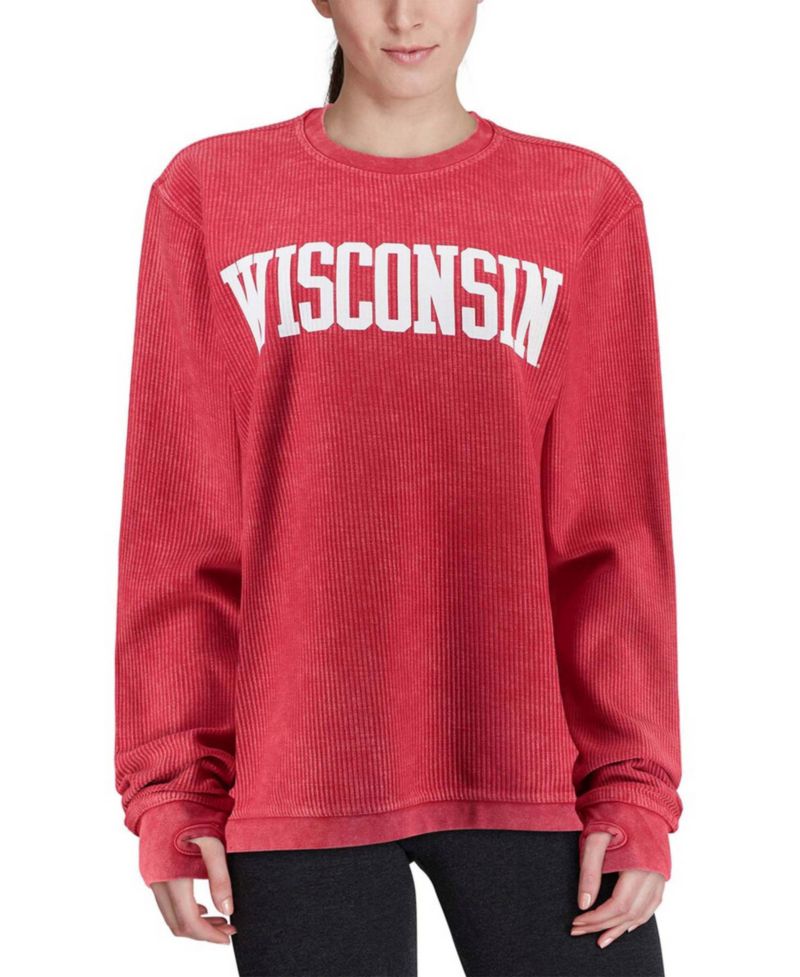 Women's Red Wisconsin Badgers Comfy Cord Vintage-Like Wash Basic Arch Pullover Sweatshirt