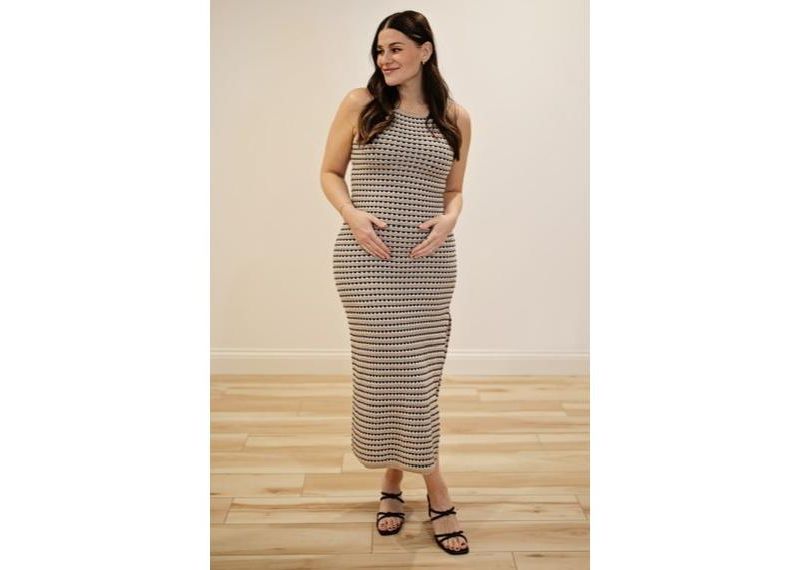 Women's Beige Striped Knit Fitted Sleeveless Maxi Dress
