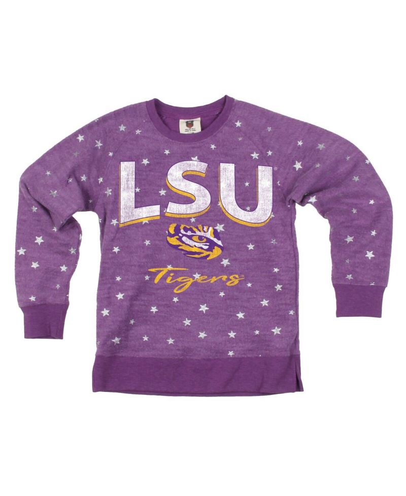 Big Girls Purple LSU Tigers Shimmer Star Reverse Sweatshirt