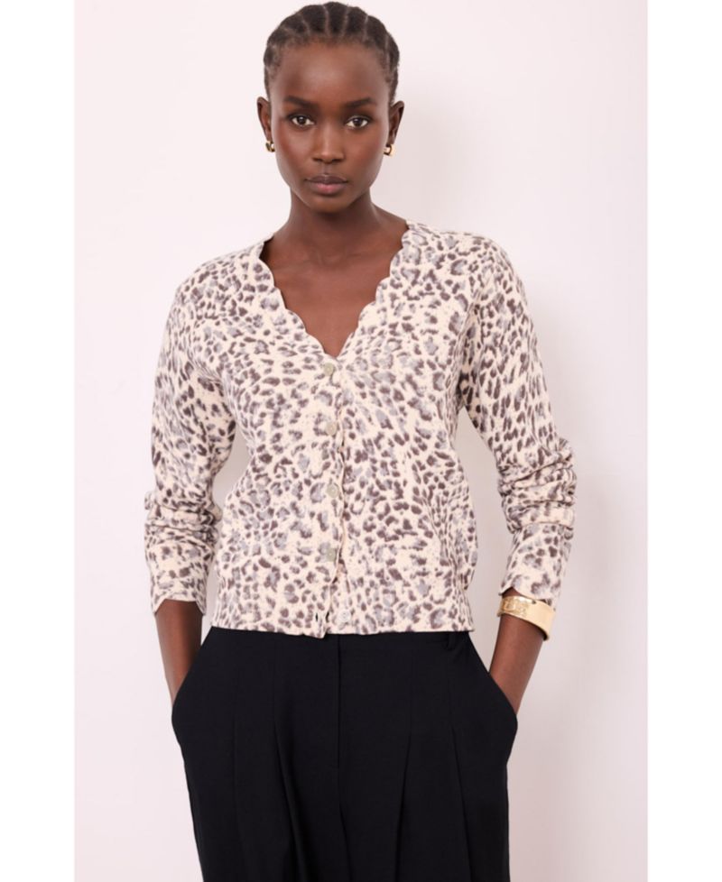 Women's Leopard-Print Scallop-Trim Cardigan