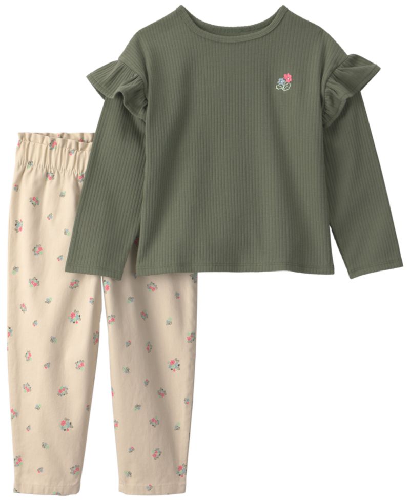 Baby Girls' Floral Ribbed Long-Sleeve Top & Twill Pants, 2-Piece Set
