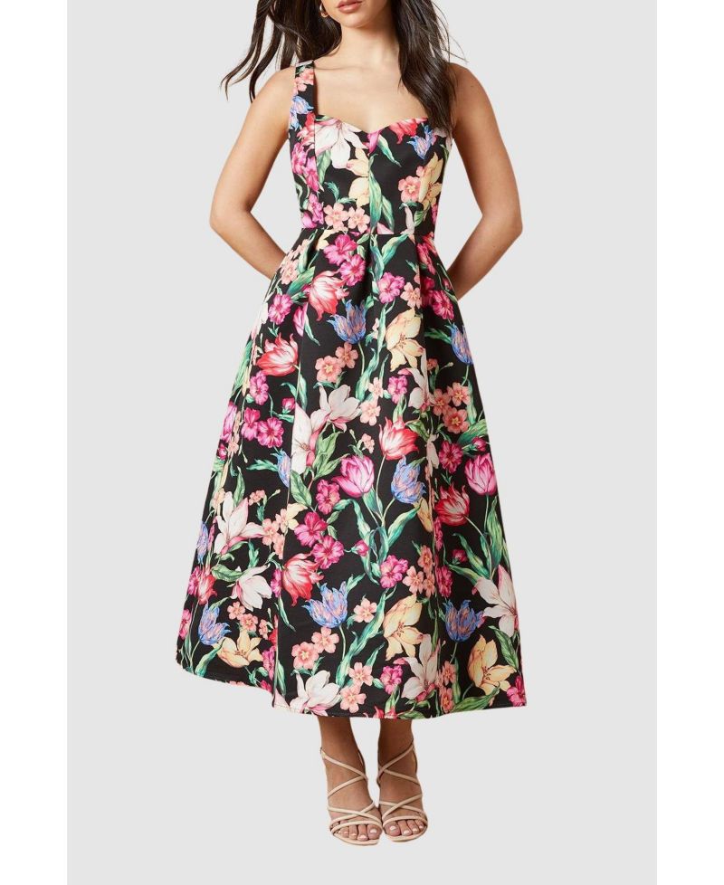 Women's Occasion Floral Strappy Twill Midi Dress