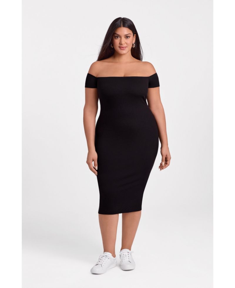 Women's Off the Shoulder Straight Neck Ribbed Sculpting Midi Dress