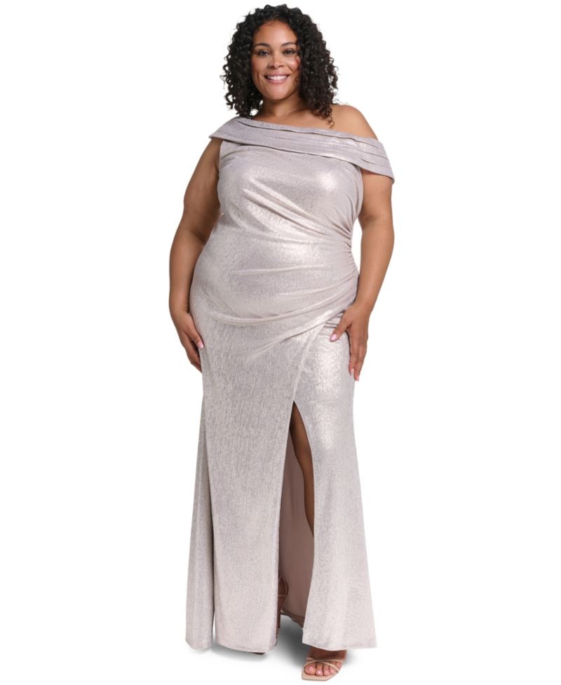 Plus Size One-Shoulder Metallic Front-Slit Gown