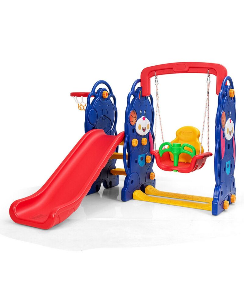 3 in 1 Toddler Climber and Swing Set Kid Climber Slide Playset w/Basketball Hoop