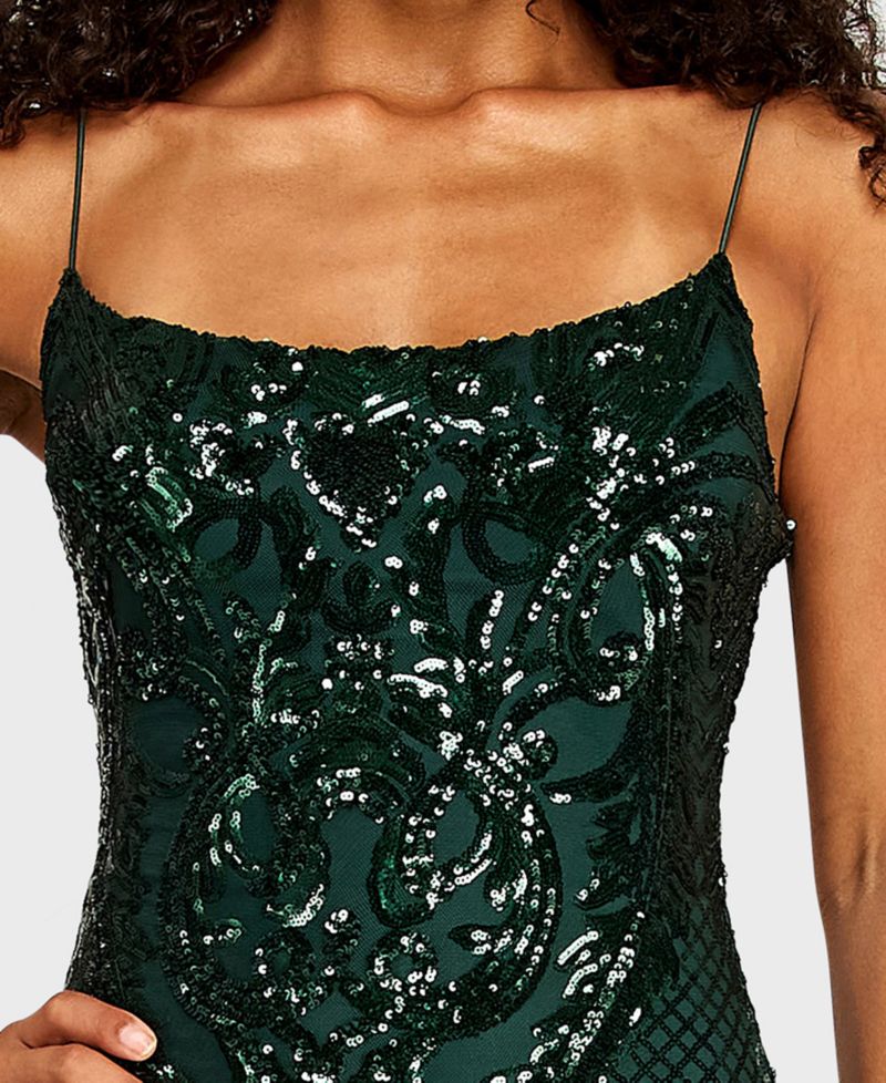 Juniors' Pattern Sequin Spaghetti Strap Scoop Neck Mini Dress