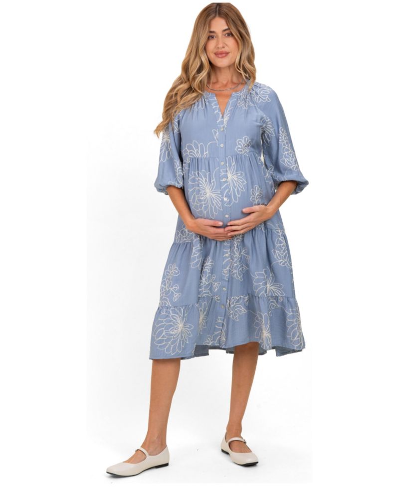 Women's Blue Embroidered Tiered Midi Shirt Dress