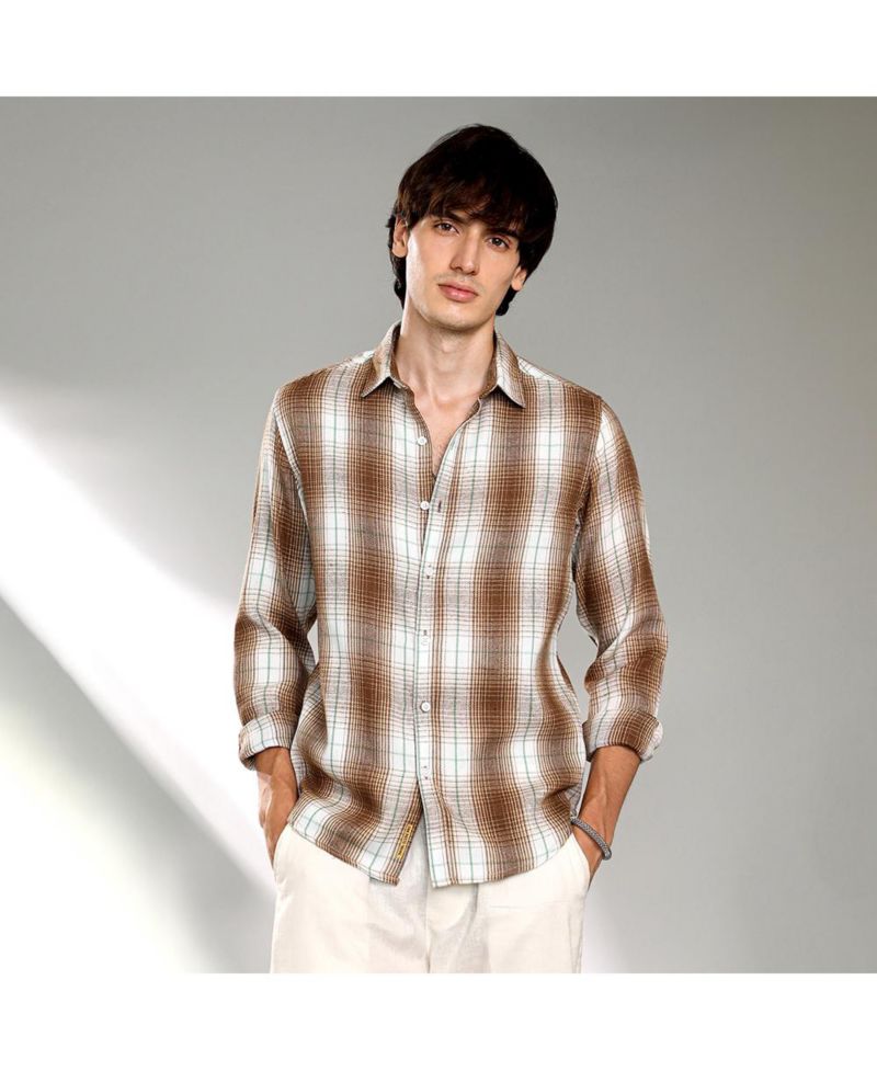 Men's Chocolate Brown & Cream White Ombre Buffalo Check Shirt