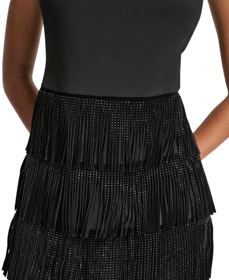 Women's Tiered-Fringe Sleeveless Crewneck Shift Dress