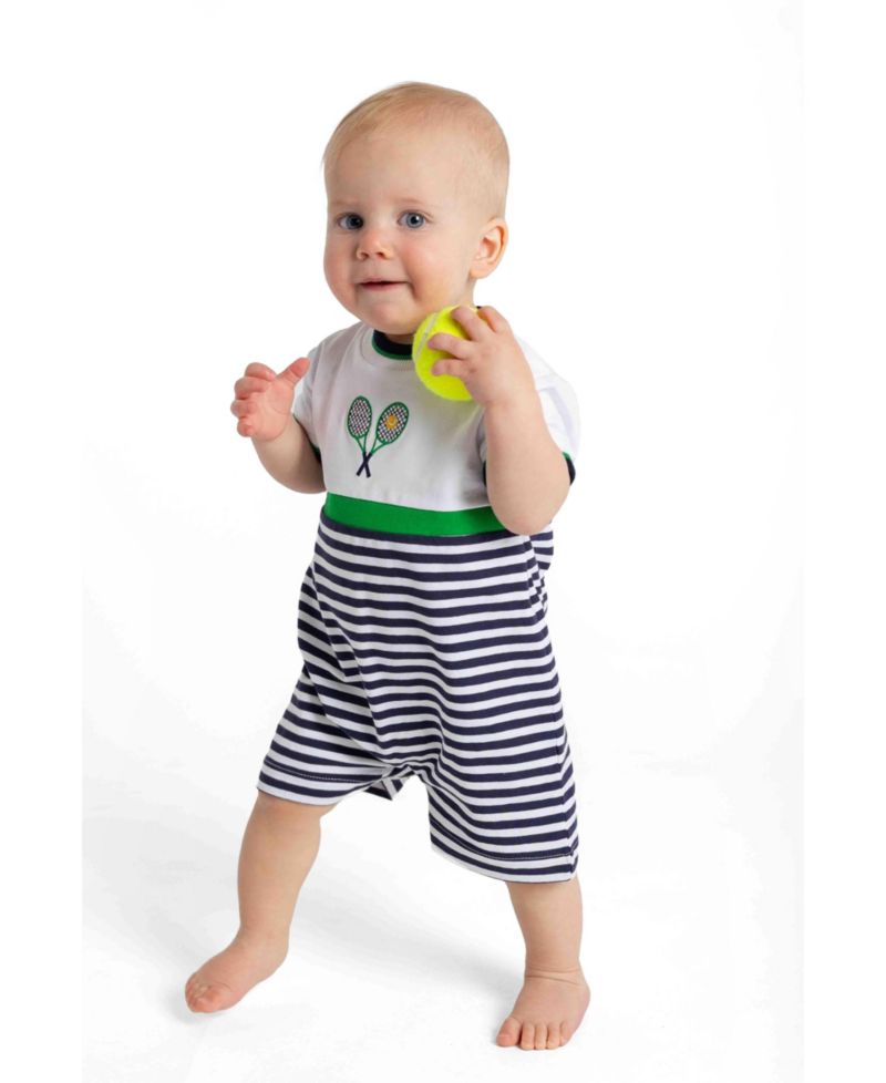 Baby Boy Stripe Knit Shortall with Tennis Rackets