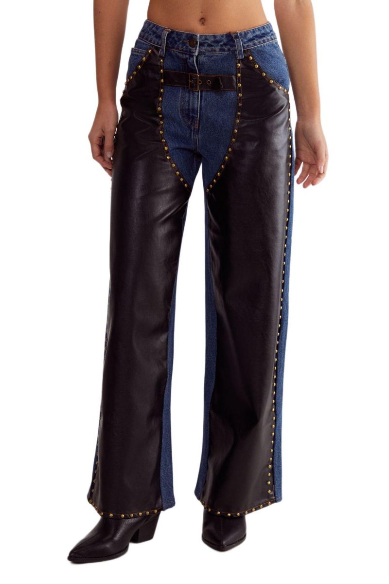 Women's Straight Leg Denim Pu Mix Chap Jeans