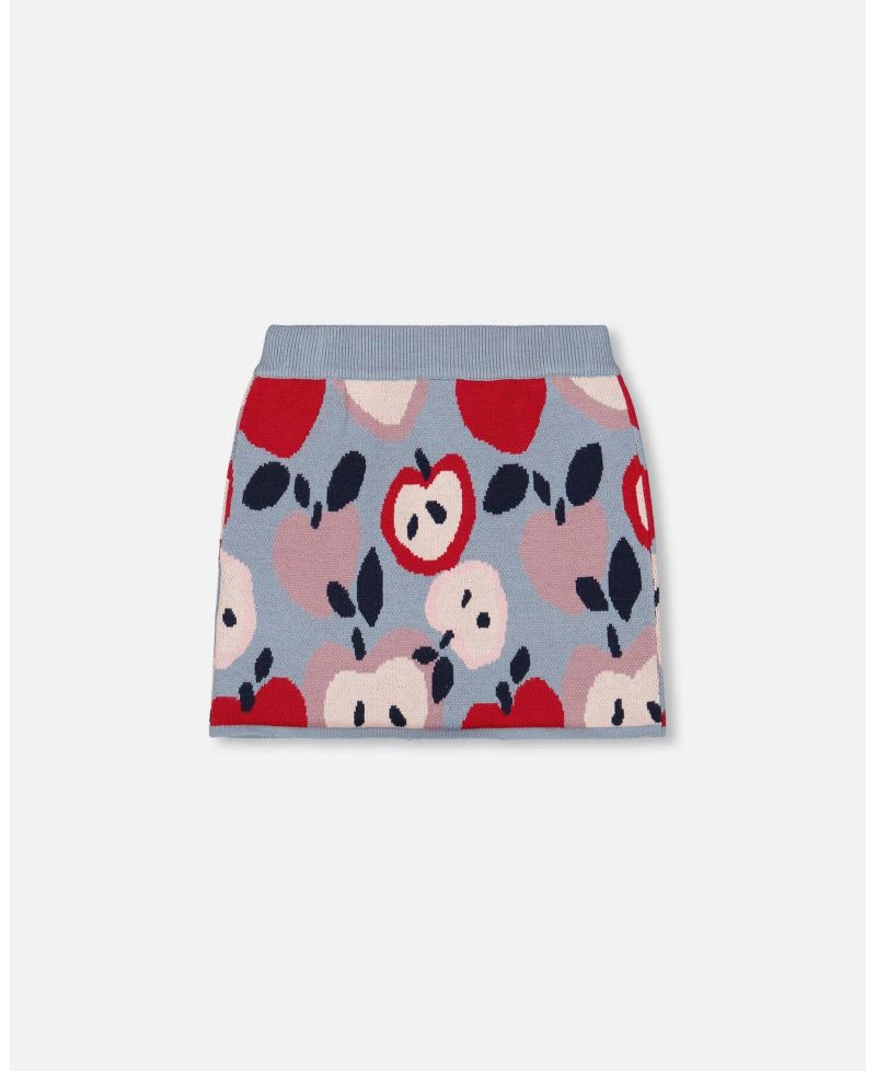 Girl Knit Skirt Blue and Red with Apple Heart Jacquard - Toddler|Child