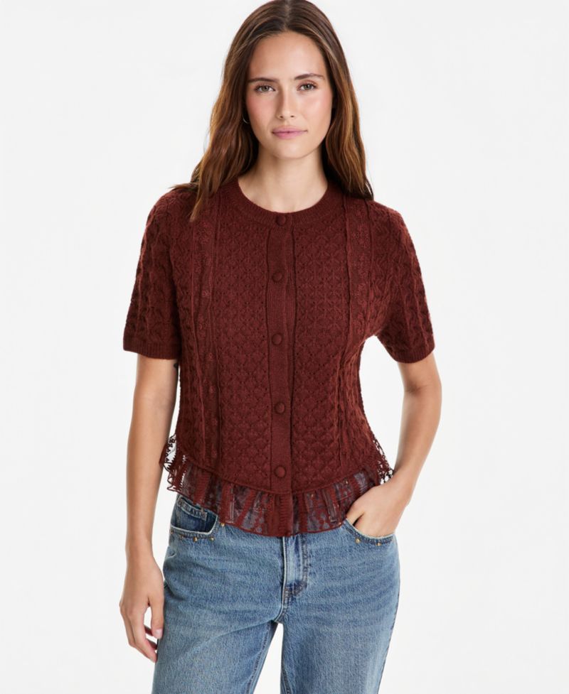 Petite Pointelle Lace-Hem Short-Sleeve Cardigan