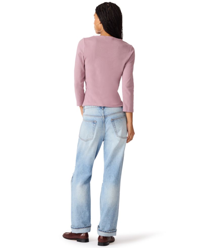 Women's Rib Knit Lace Trim 3/4 Sleeve Square Neck Top