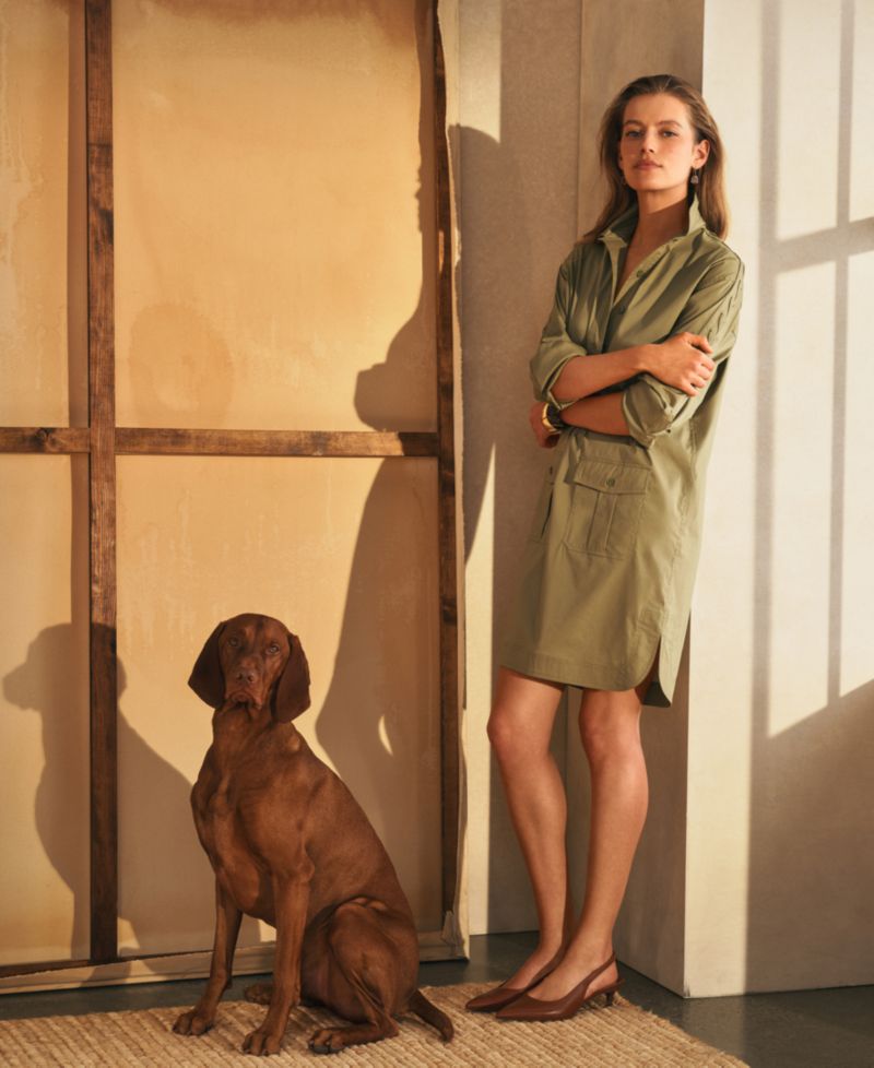 Women's Spread Collar Lace-Up Trim Shirt-Dress
