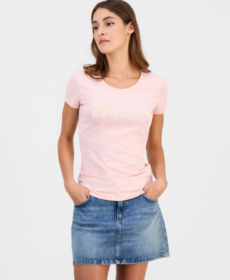 Women's Short-Sleeve Crewneck Degrade Paillette Logo T-Shirt