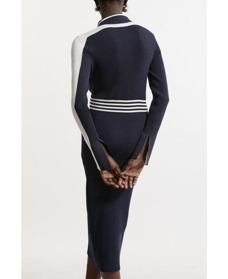 Women's Rib Knit Polo Zip Up Midi Dress