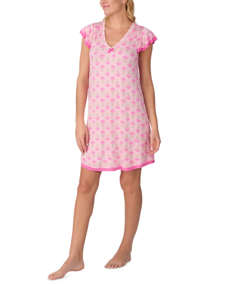 Women's Short Flutter-Sleeve Floral Jersey Chemise