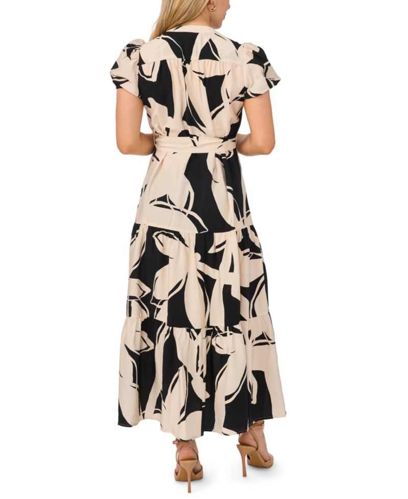 Petite Split Neck Belted Tiered Maxi Dress