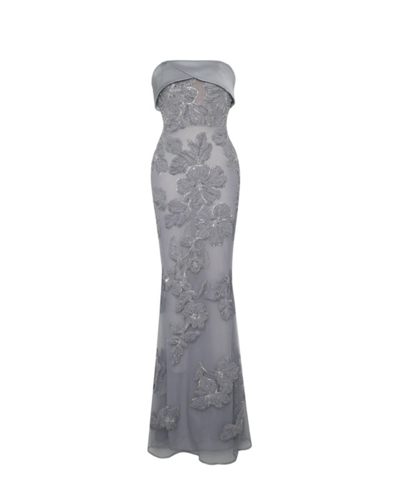 Women's Raphaela Silver Beaded Floral Strapless Mermaid Maxi Dress
