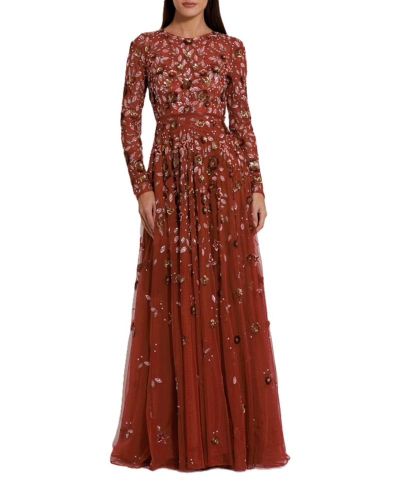 Women's Embellished High Neck Long Sleeve A Line Gown