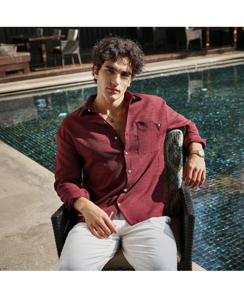 Men's Wine Red Modular Solid Oversized Shirt