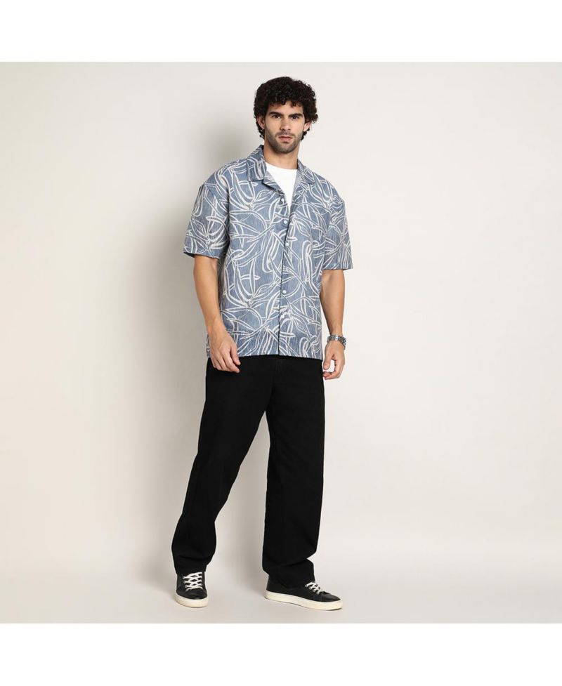 Men's Steel Blue Vine-Lines Resort Oversized Shirt