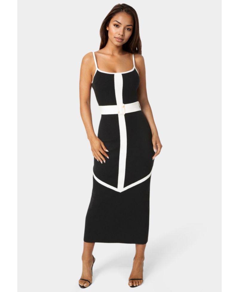 Women's Rib V-Neck Bodycon Maxi Dress with Belt