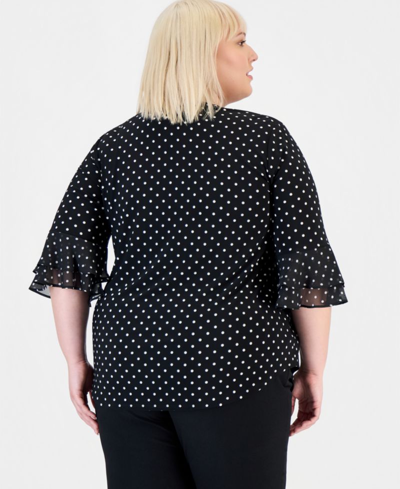 Plus Size Dot-Print Flutter-Sleeve Blouse