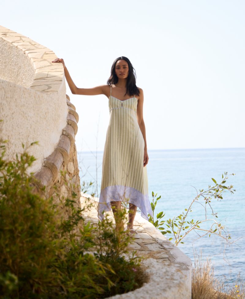 Women's Striped High-Low Midi Dress