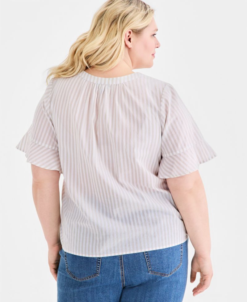 Plus Size Striped Cotton Split-Neck Popover Top