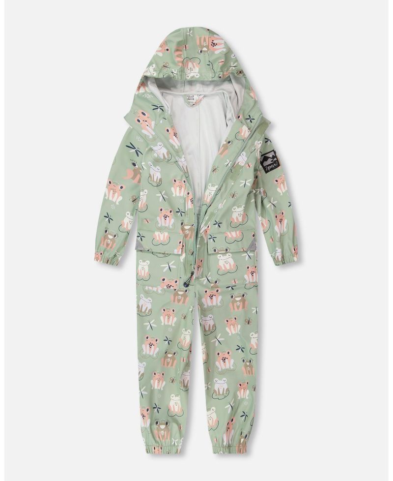 Little Girls Polyurethane Frog Print Rain One-Piece