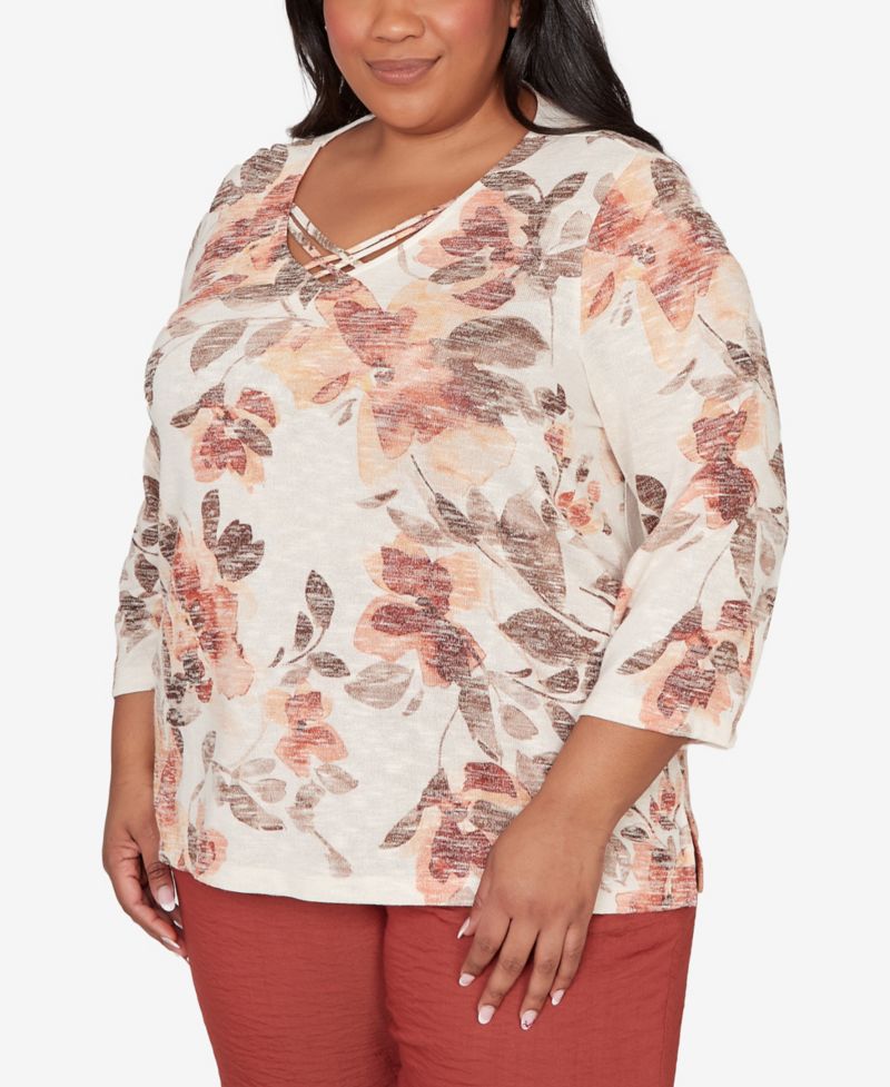 Plus Size Spice Market Embellished Neck Watercolor Floral Top
