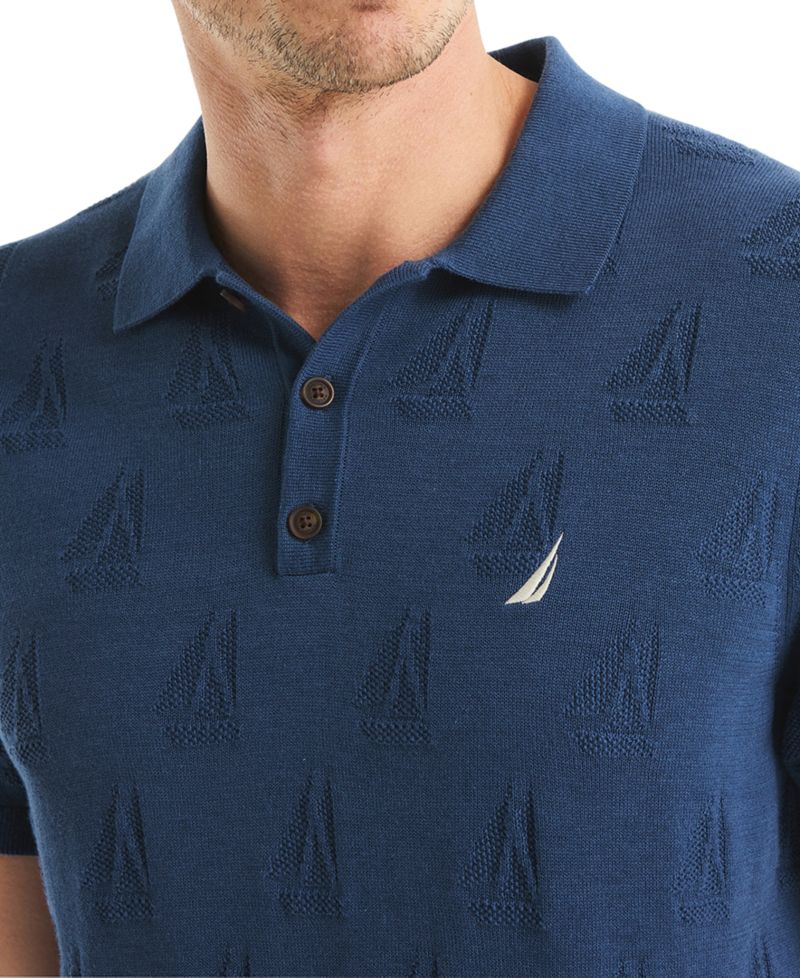 Men's Sailboat Textured Sweater Polo Shirt