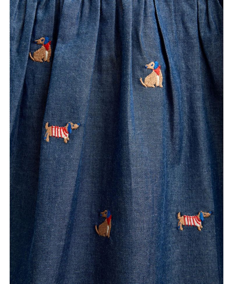 Girls' 4-16 Long-Sleeve Peter Pan Collar Embroidered Chambray Dress