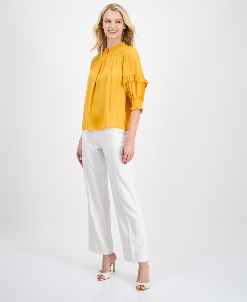 Women's Smocked Ruffle-Trim Elbow-Sleeve Top