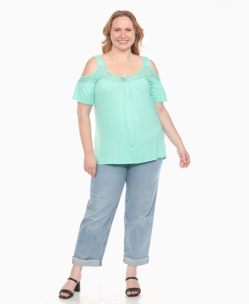 Plus Size Cold Shoulder Lace Trim Knit Top