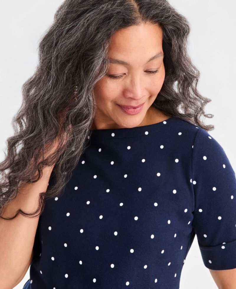 Petite Elbow-Sleeve Boat Neck Knit Dot Top