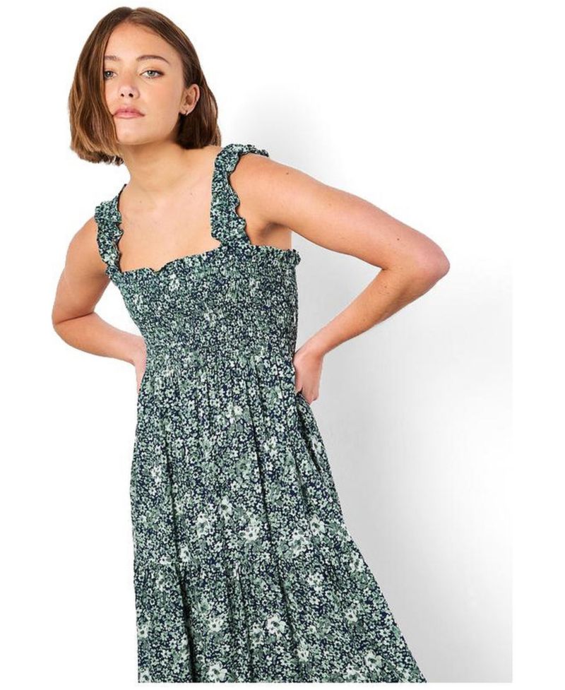 Women's Viscose Floral-Print Square Neck Tiered Midi Dress