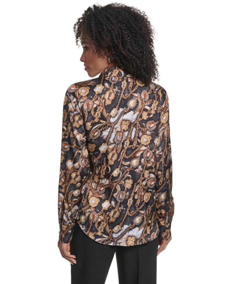 Women's KL623 Satin Long-Sleeve Point-Collar Blouse