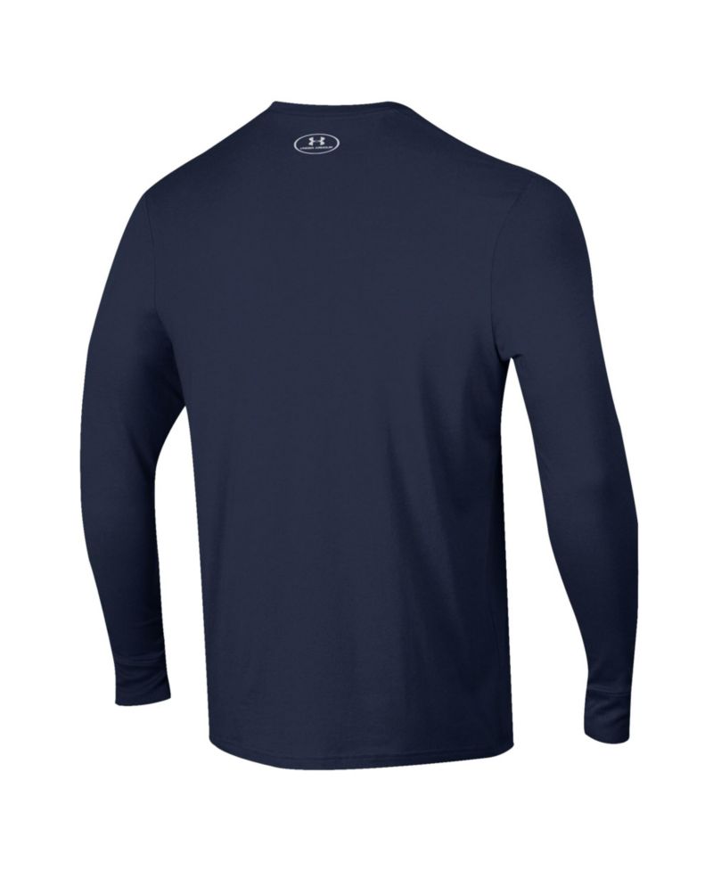 Men's Navy Notre Dame Fighting Irish 2026 Shamrock Series Metallic Football Icon Performance Cotton Long Sleeve T-Shirt