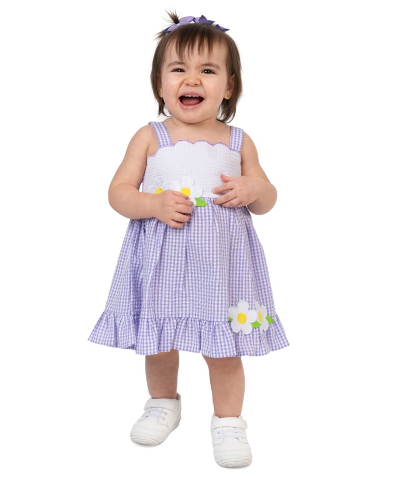 Baby Girls' Lilac Scalloped Seersucker Square Neck Dress and Panty, 2-Piece Set