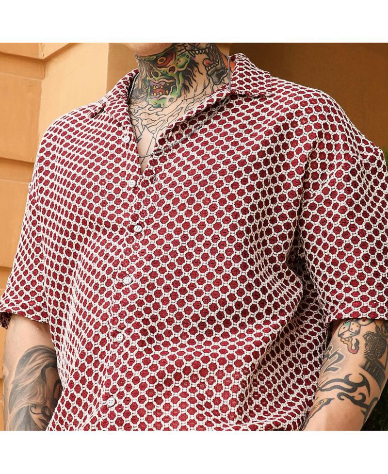 Men's Crimson Red Geometric-Crochet Cuban Oversized Shirt