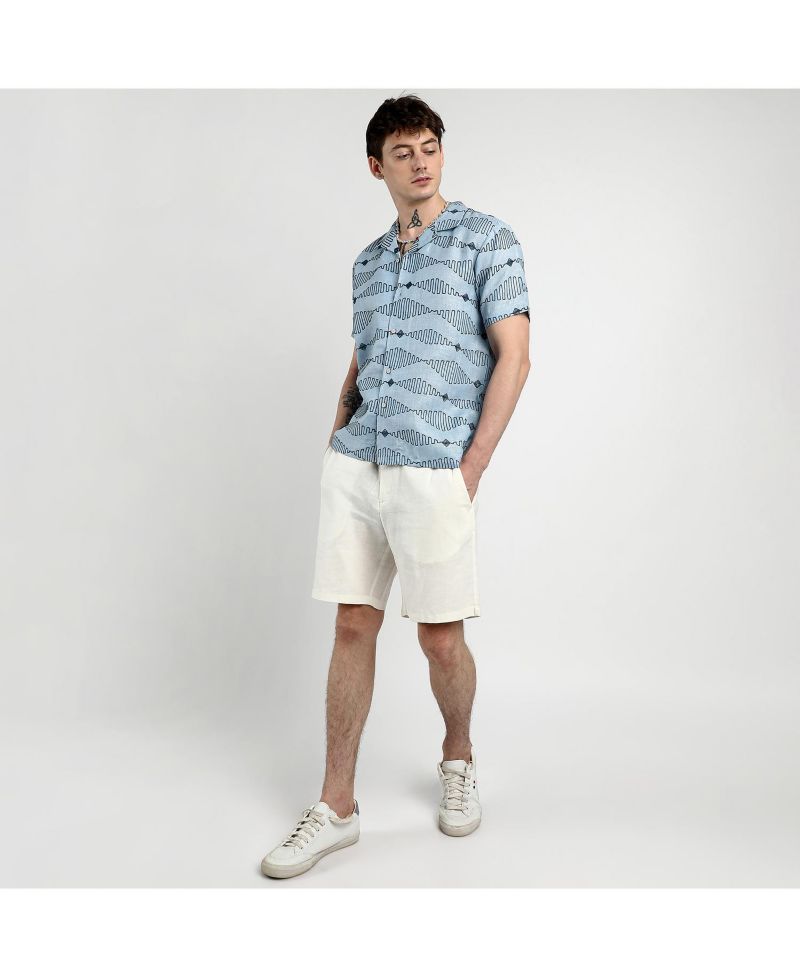 Men's Icy Blue Embroidered Geometric-Lined Shirt