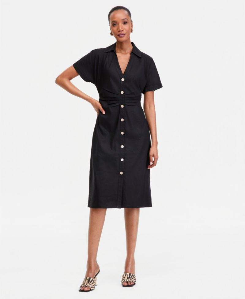 Women's Short Sleeve Linen-Blend Shirt-Dress