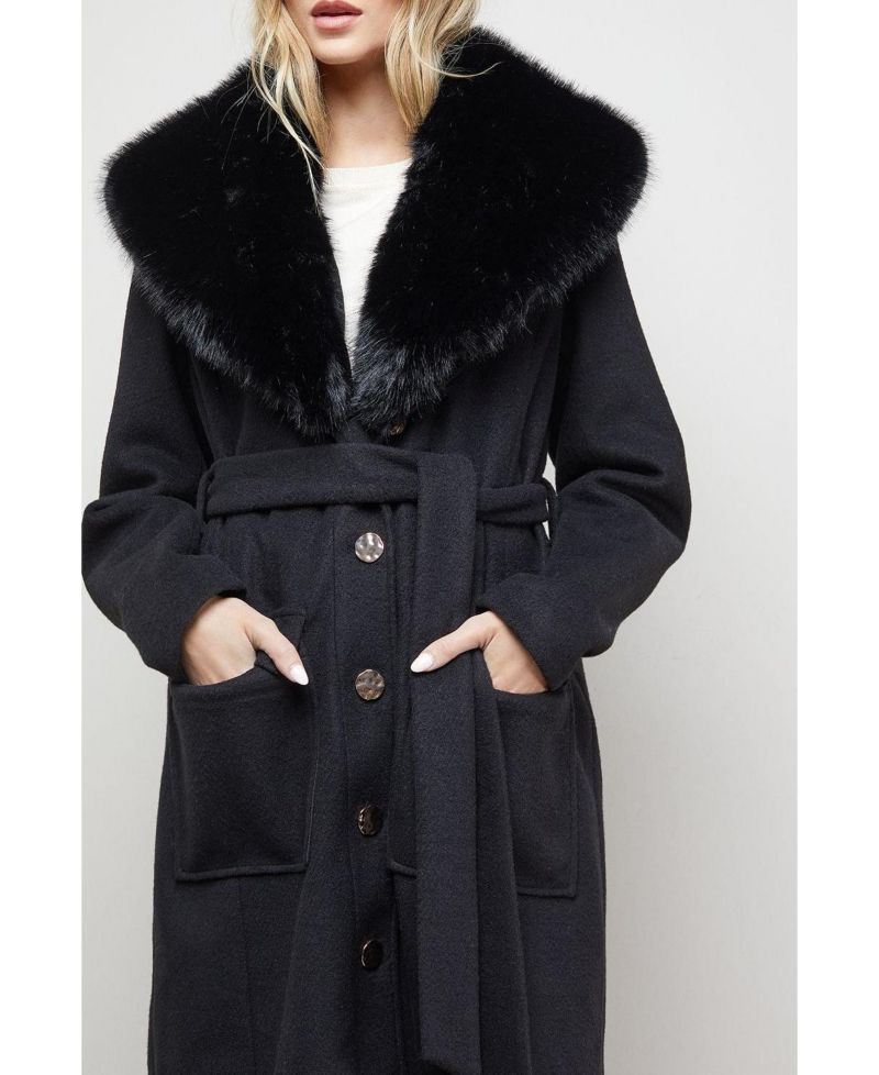 Women's Faux Fur Collar Belted Coat