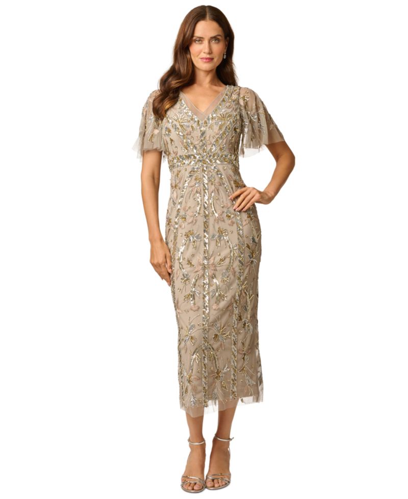 Women's V-Neck Embellished Flutter-Sleeve Dress