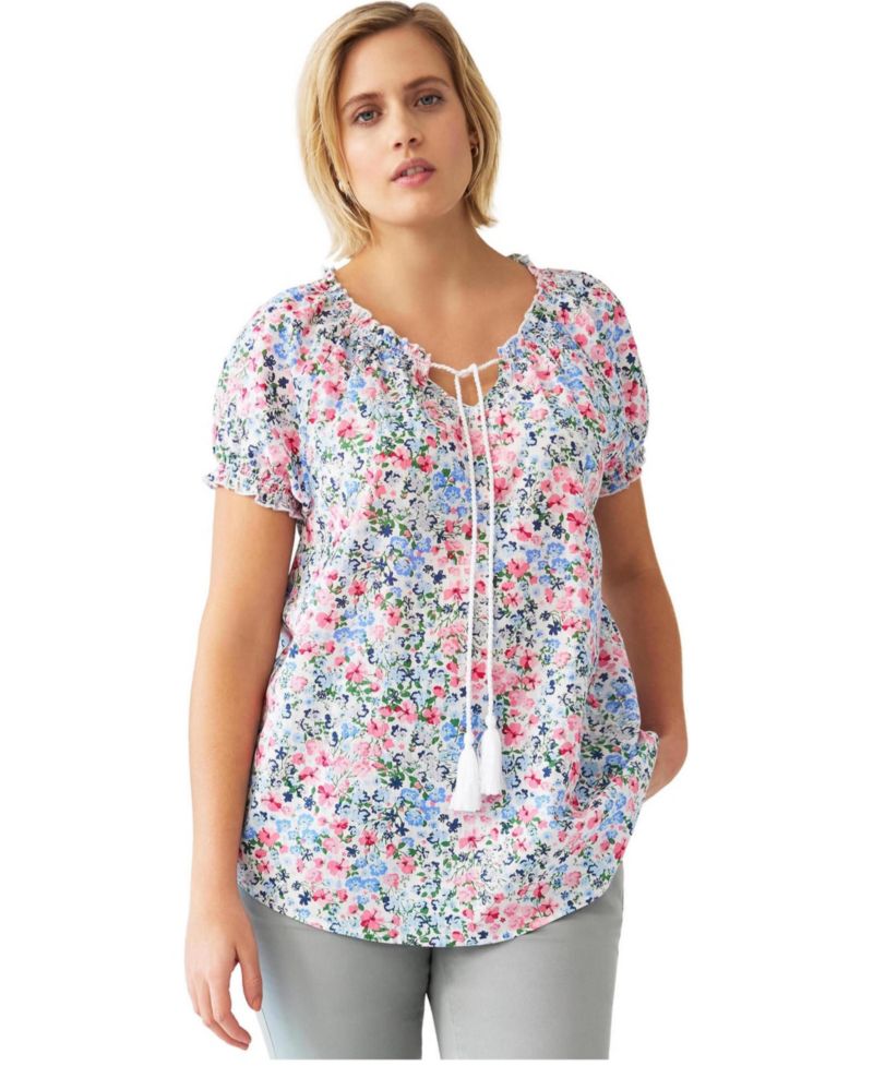 Women's A-Line Scoop Neck Ruffle Trim 100% Cotton Cambric Peasant Blouse