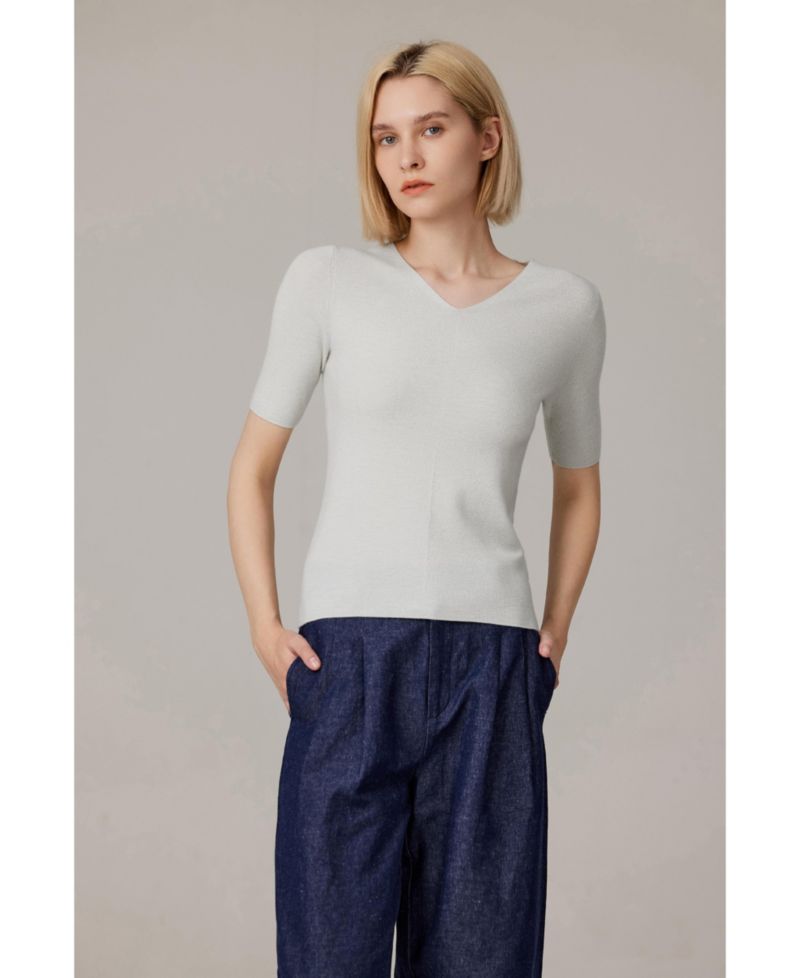Women's Merino Wool Lurex Sweater | Shimmer Fine gauge V-Neck Short Sleeve Top | Machine Washable Pullover